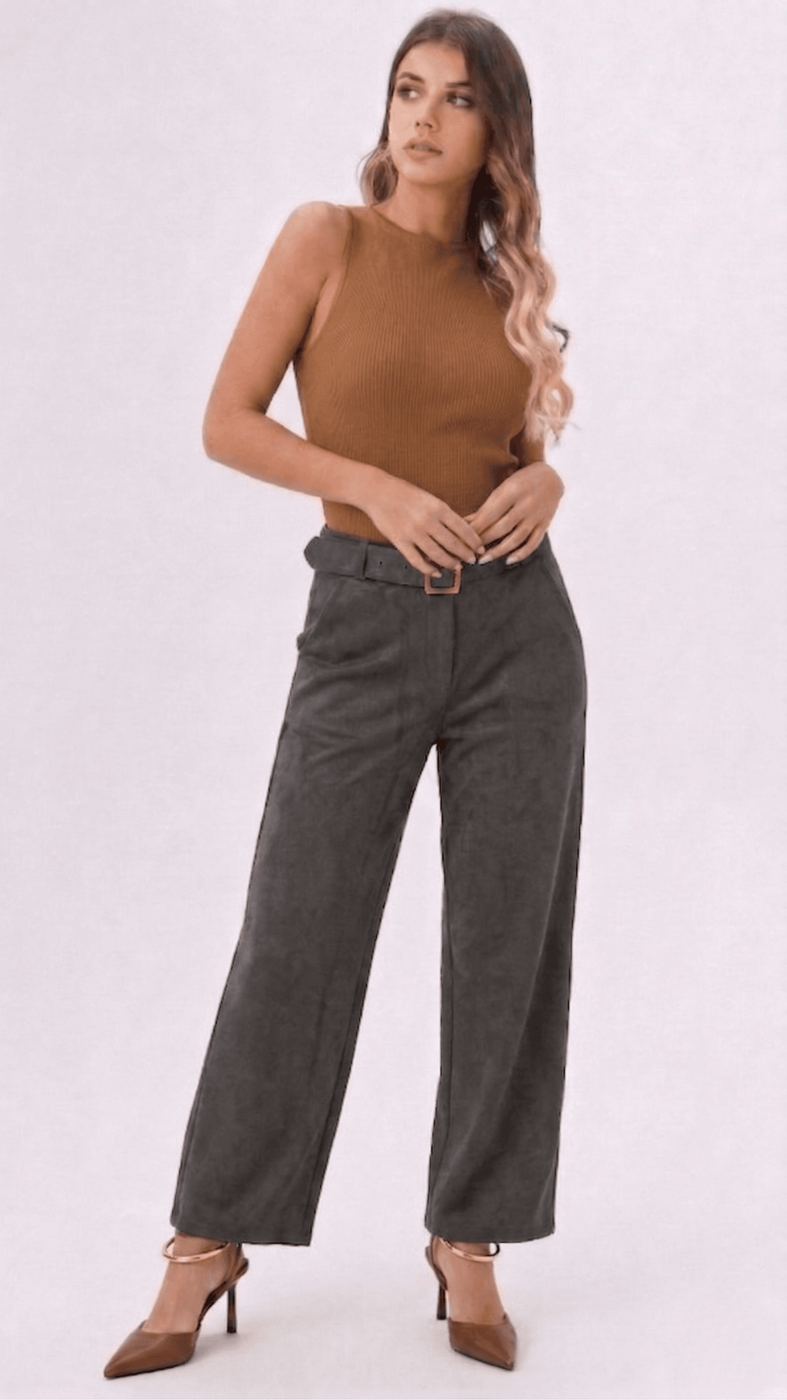 Pantalón Recto Efecto Gamuza con Cinturón 1