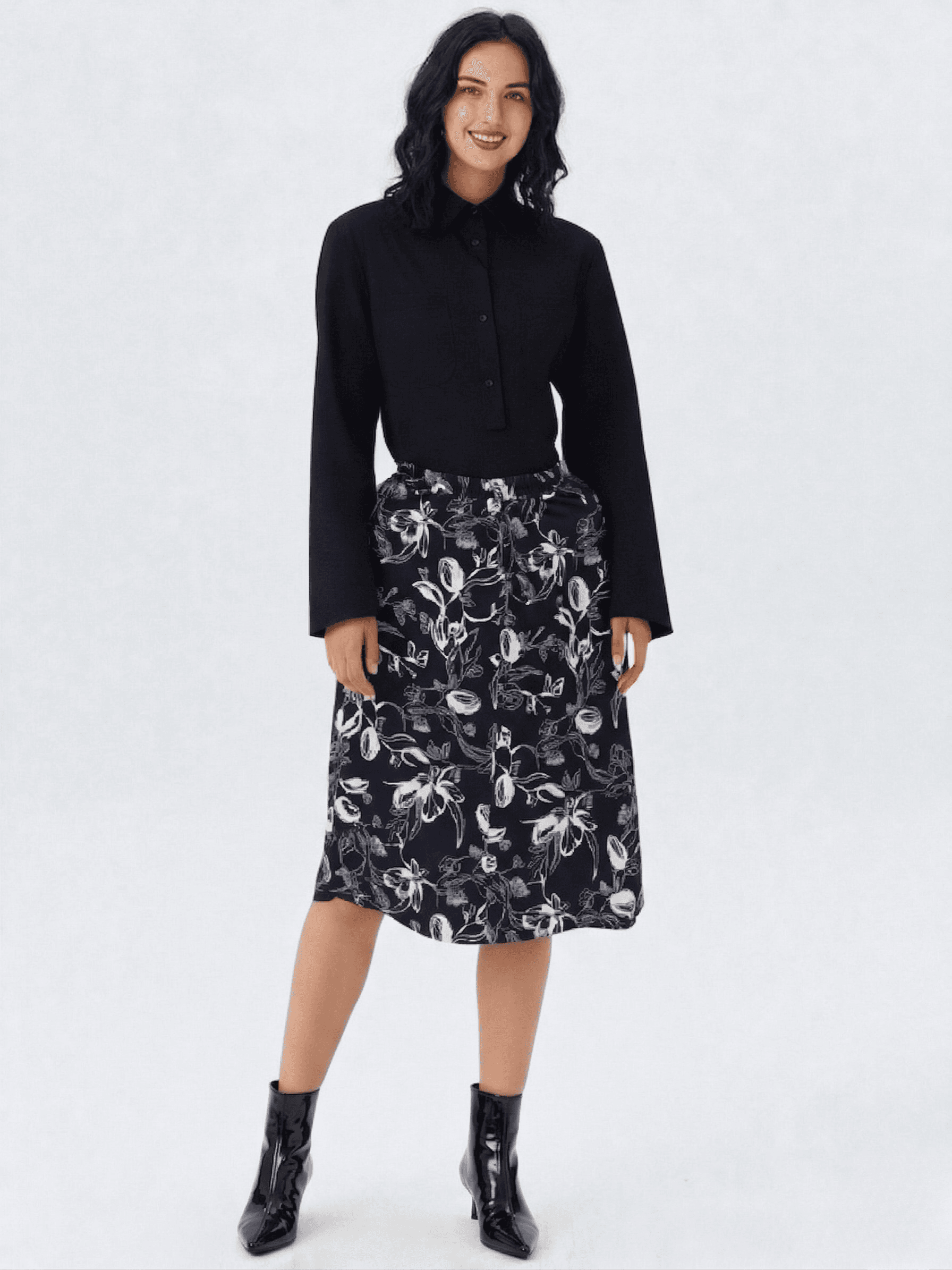 Falda Midi Estampada Floral Negra